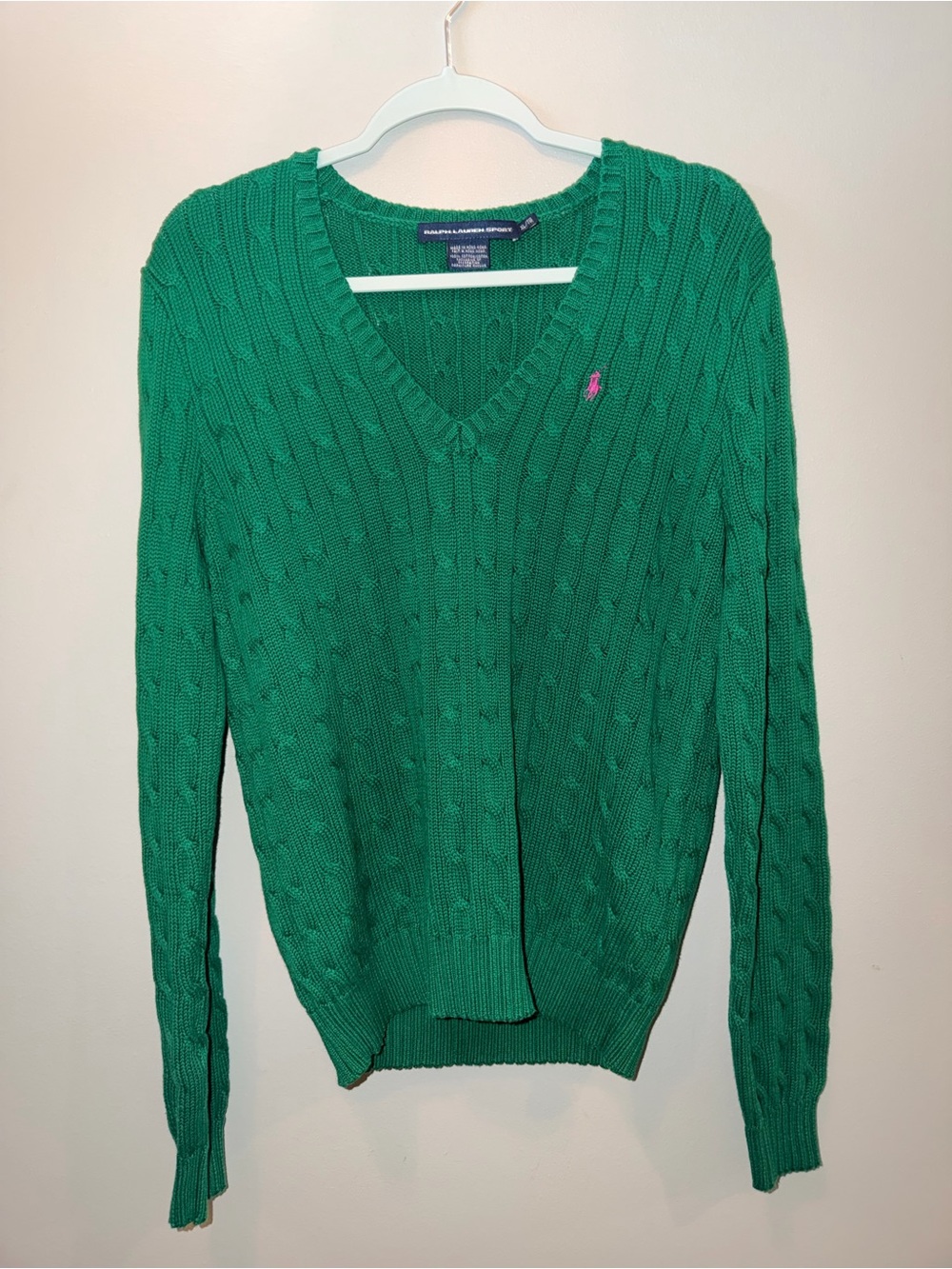 Ralph Lauren Sport Green Cable Knit V-Neck Sweater size XL preppy luxury